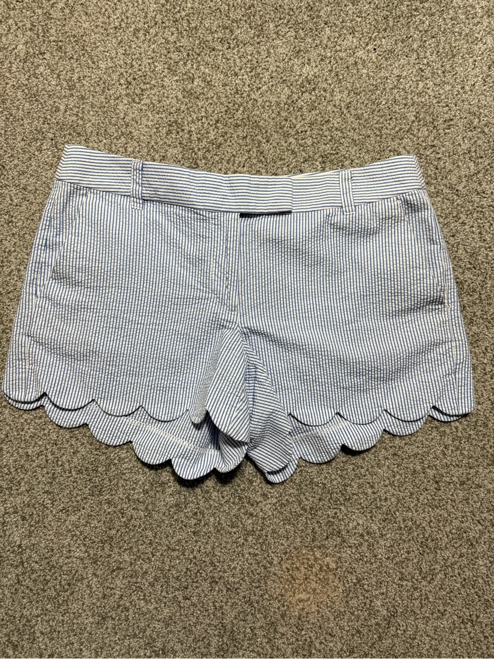J. Crew White and Blue Striped Scalloped Hem Seersucker Shorts